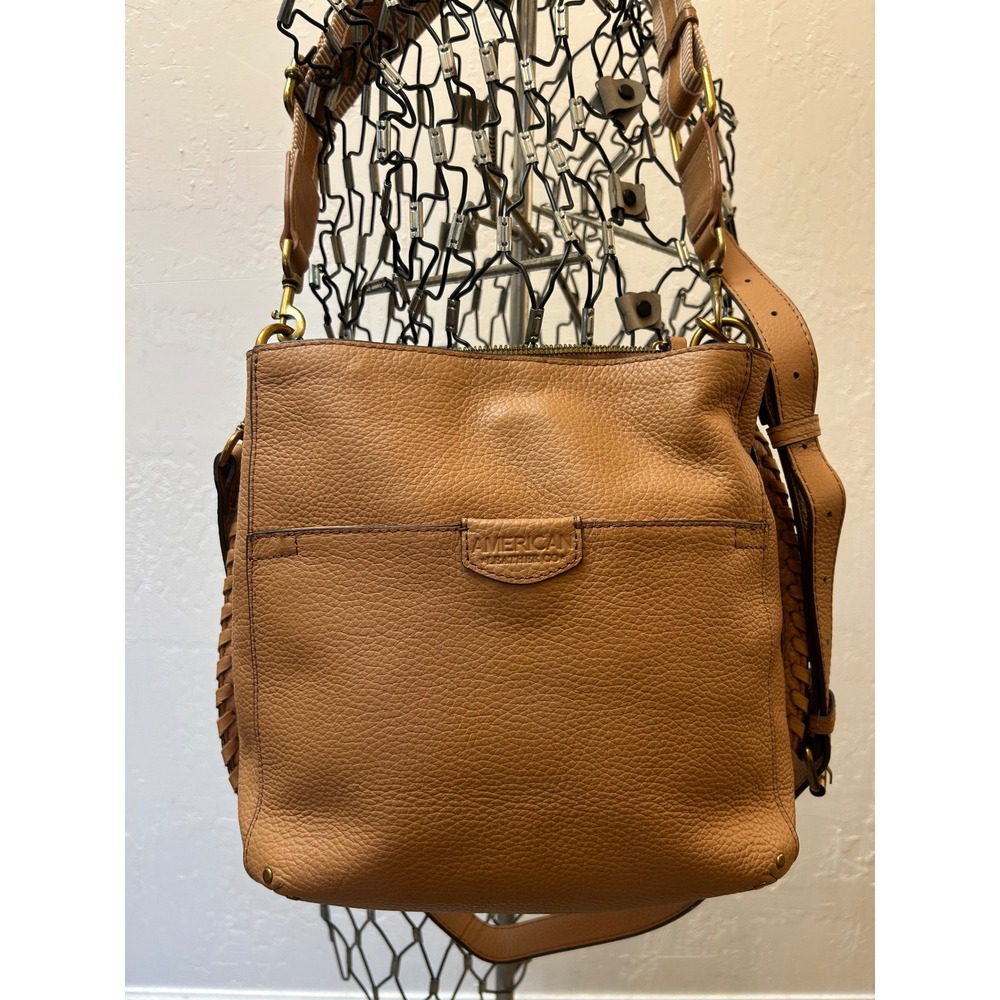 American Leather Co Tan Brandy Pebbled Leather Whipstitch Crossbody Bag 2 Straps